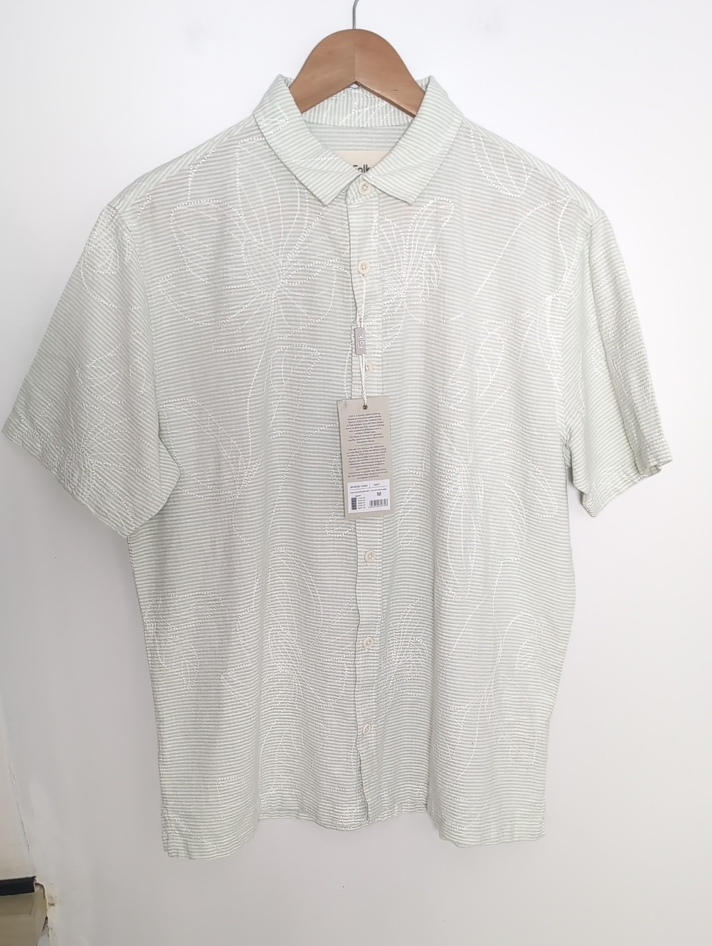 FOLK | Men's Folk Mint Green/White Embroidered Floral Striped Short Sleeve Shirt